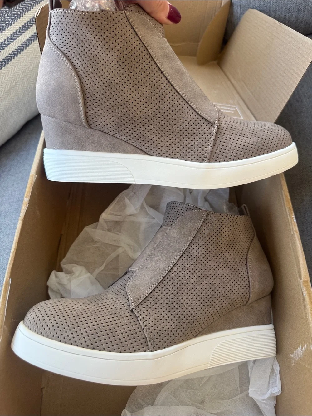 Journee Collection Taupe Perforated Wedge Sneaker Bootie with Side Zip